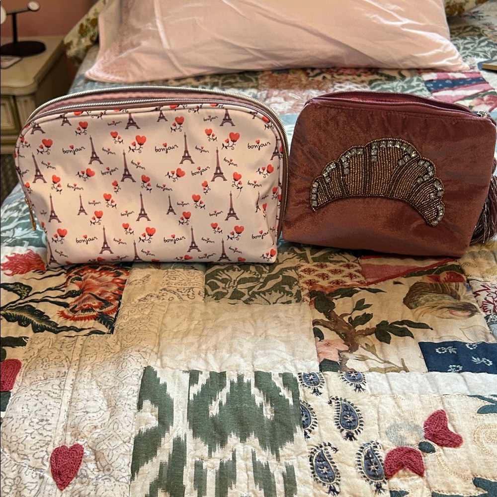Set of Two Cosmetic Bags with Eiffel Tower and Croissant Beaded Design